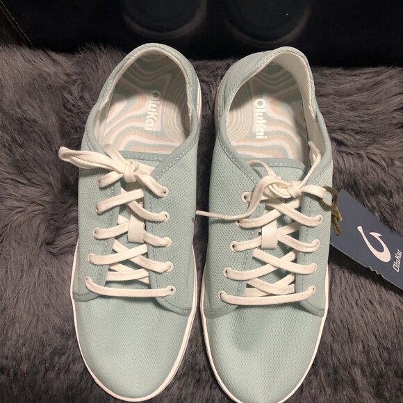 Olukai Womens Pehuea Li Lace up Canvas Sneaker Shoes, Size 9.5, Swell/White Sand - Picture 2 of 5